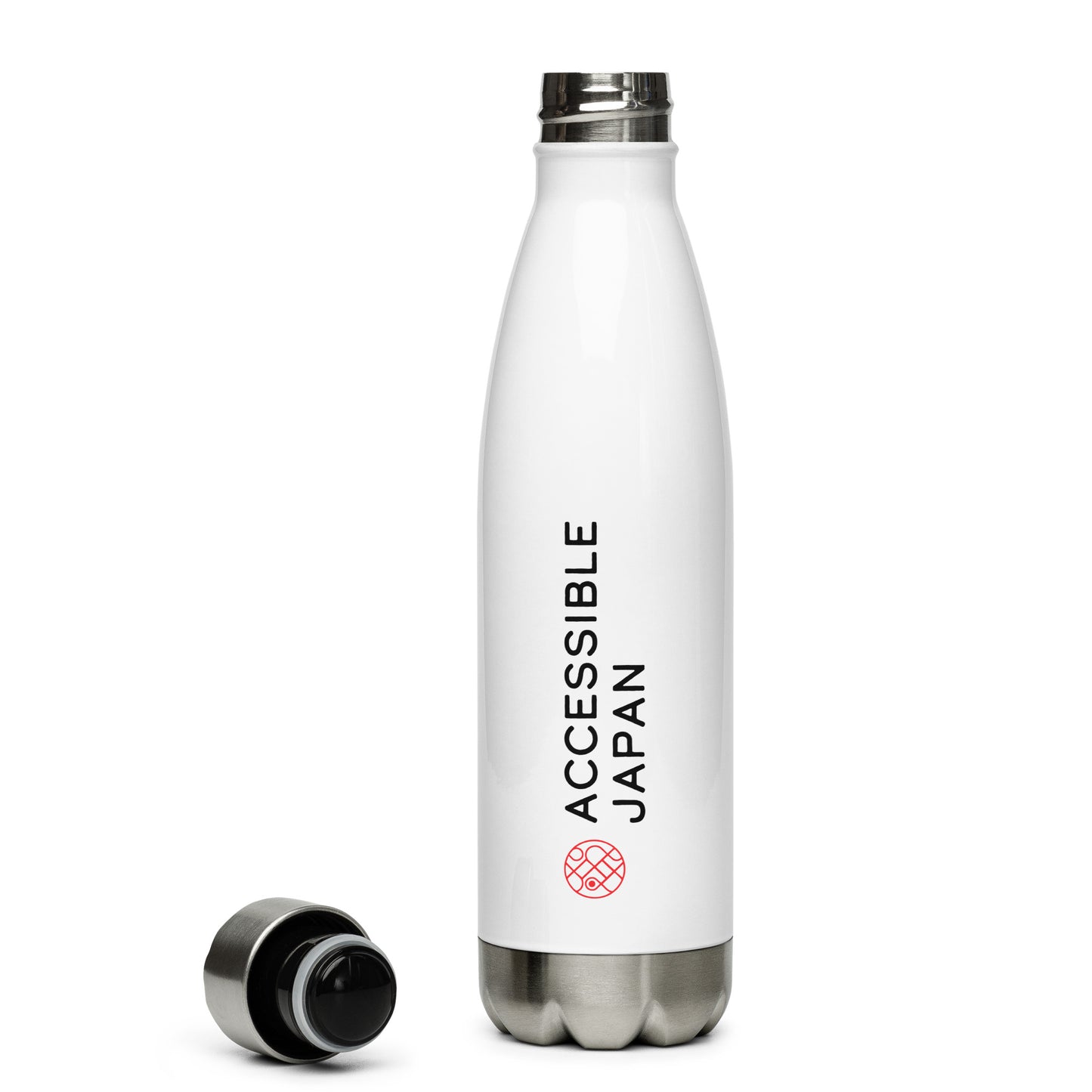 A white stainless steel water bottle with the text "Accessible Japan" in black, and a red circular logo. The cap is placed beside it.