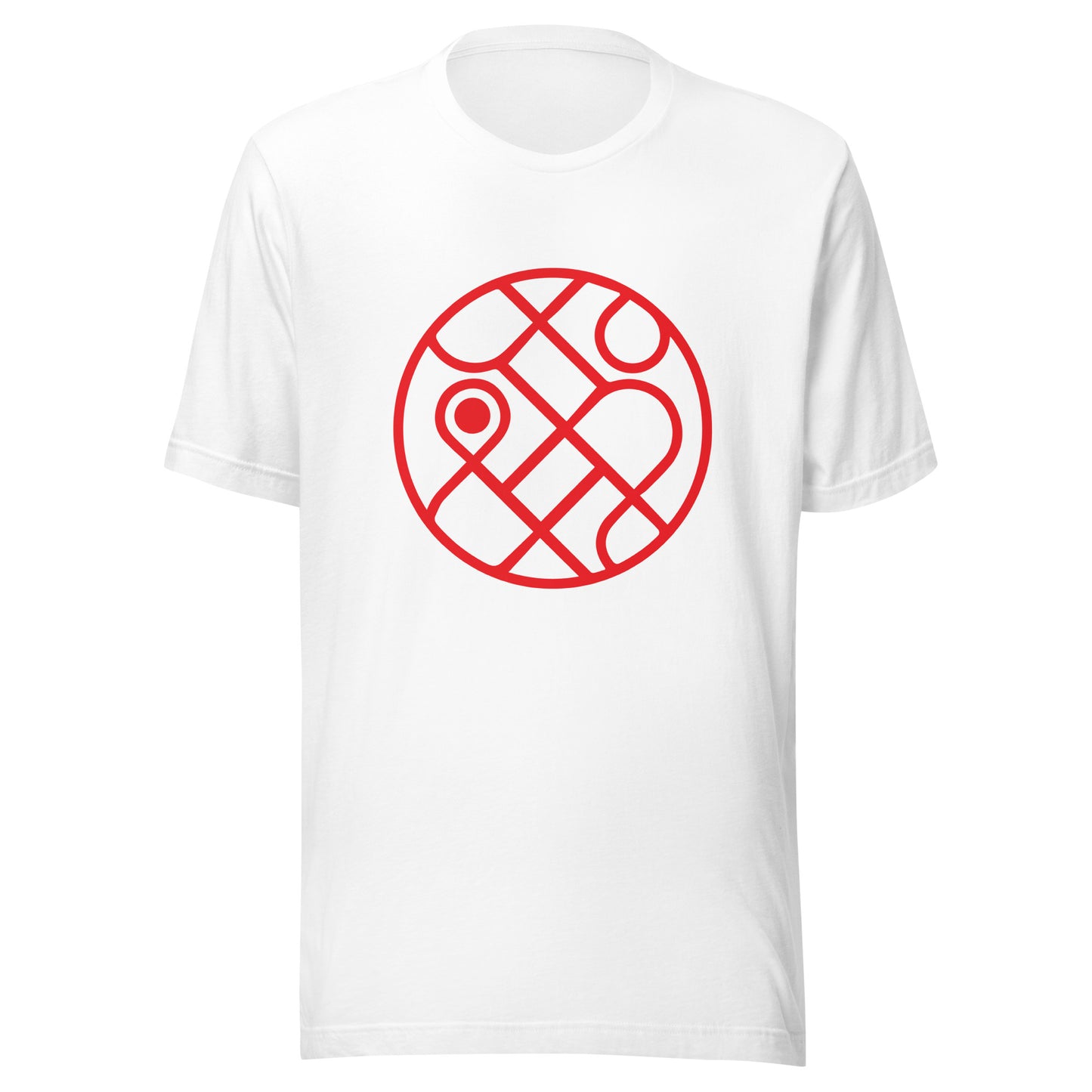 A white t-shirt featuring a large red circular Japanese stamp design in the center, with no other visible text or logos.