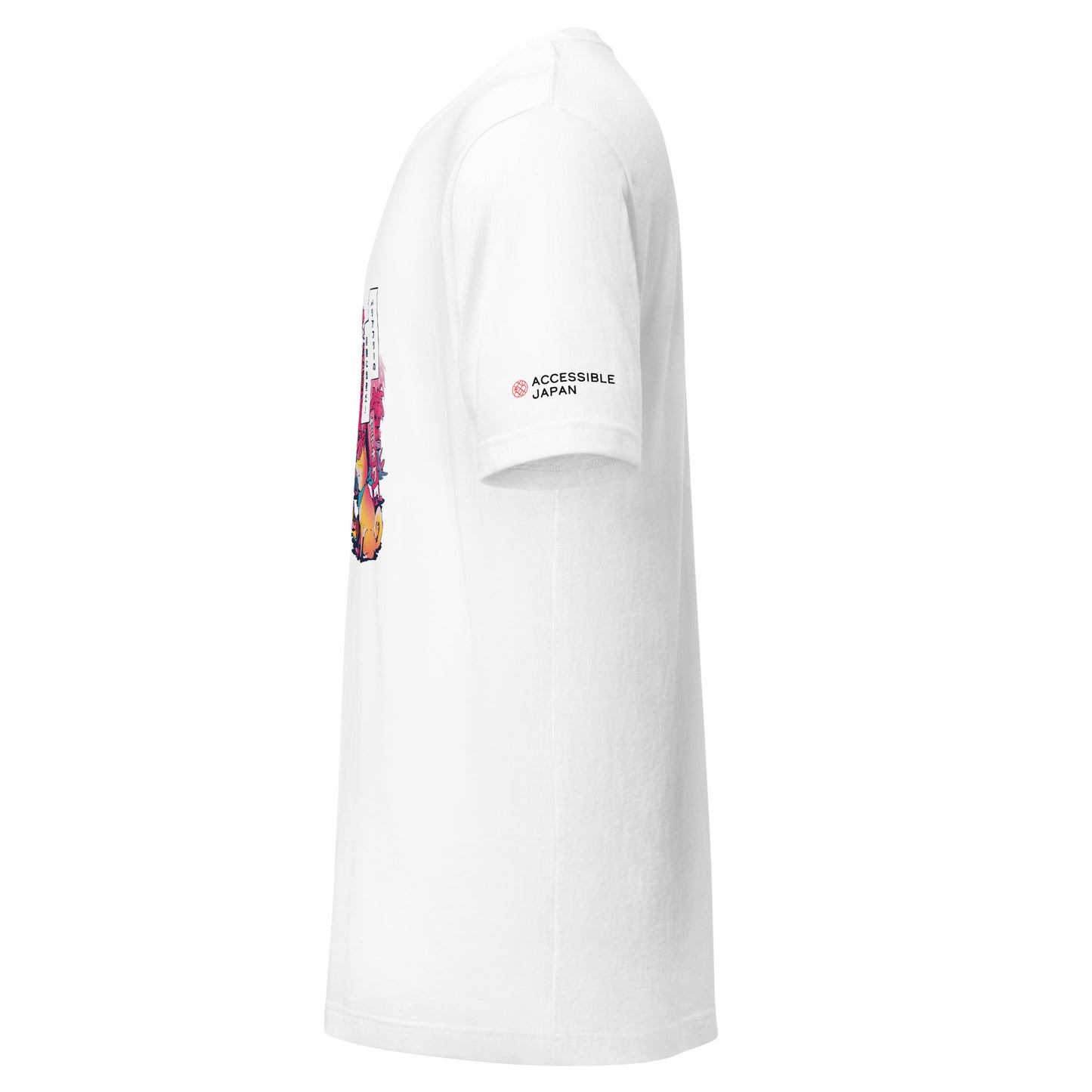 Side view of a white T-shirt with "Accessible Japan" text and logo on the left sleeve, showing part of the front graphic.
