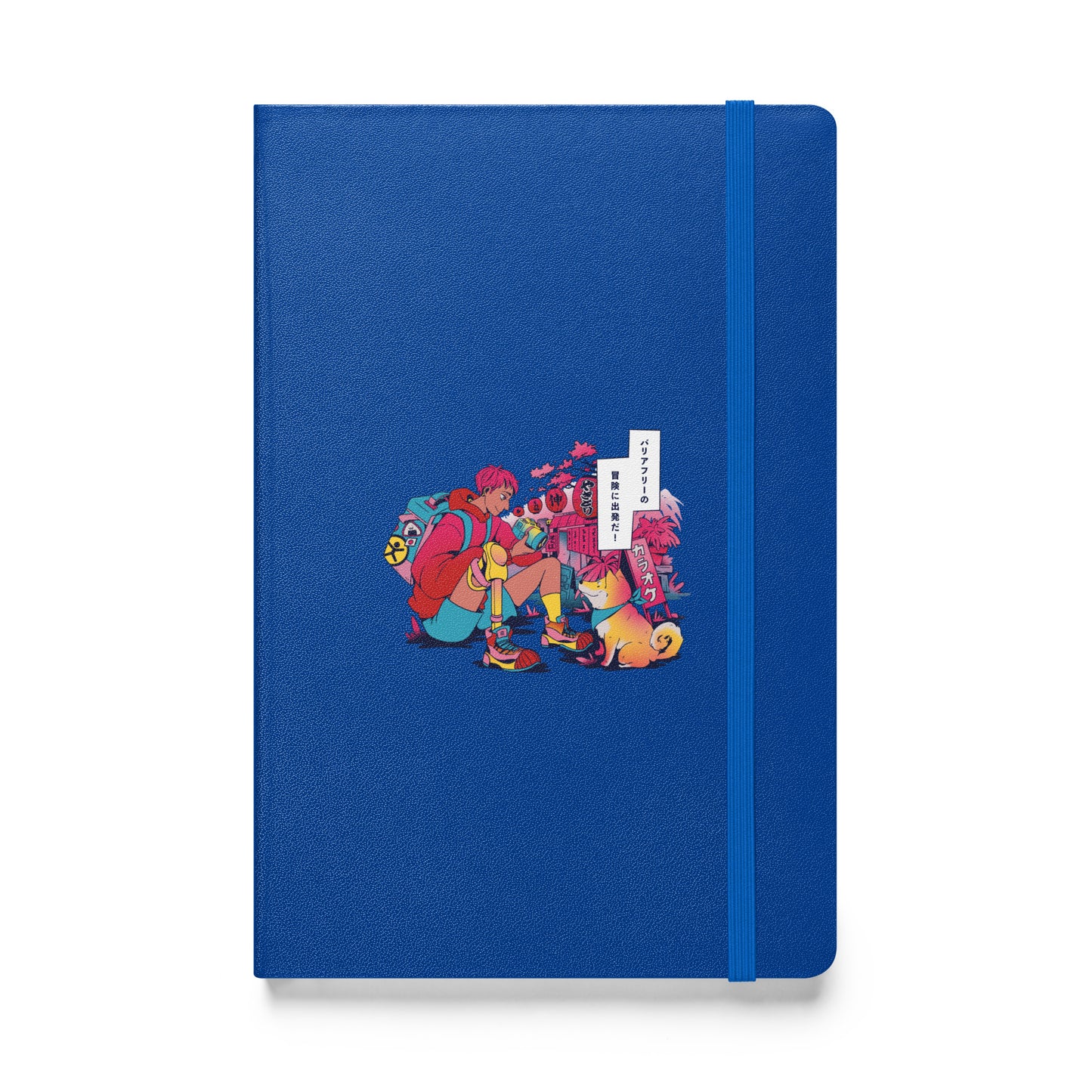 A blue notebook features an illustration of a hiker with a prosthetic leg, sitting with a dog, in front of Japanese shops and restaurants.